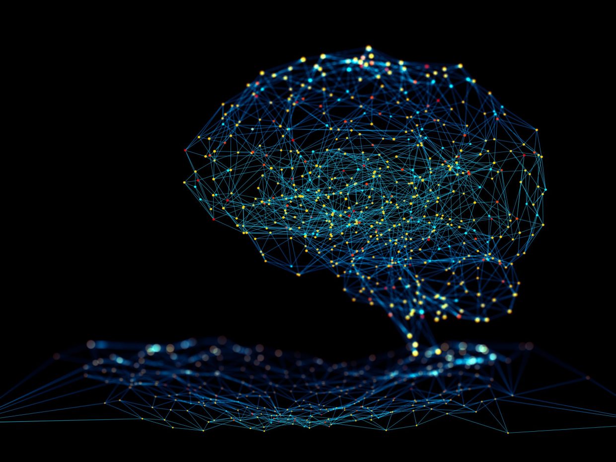 An abstract image of the brain formed by node points and lines connecting the points. Representing Artificial Intelligence.