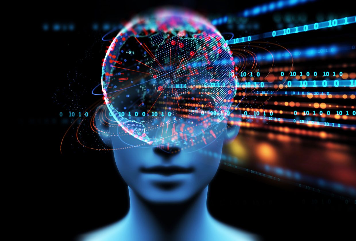 Concept image illustrating artificial intelligence with binary codes and a globe overlaid on top of a mannequin's mind.