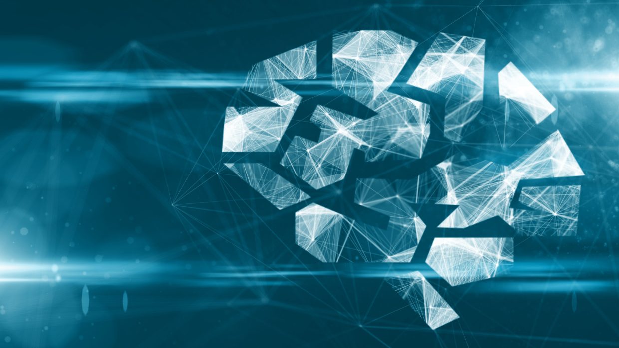 Abstract image of a brain formed with light rays. Representation of technology and AI.