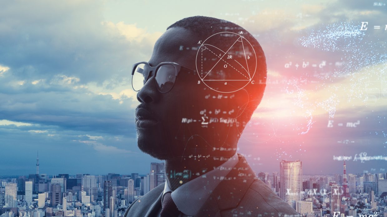 Double exposure image with a man thinking deeply overlaid with mathematical concepts and formulae. Background of a city with tall buildings.